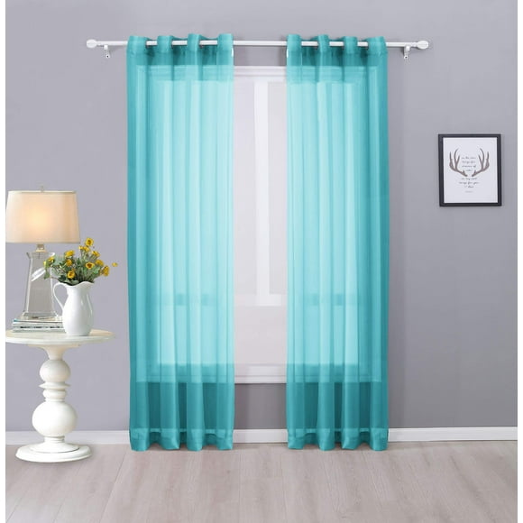 Interior Trends Ariana 2 Piece Sheer Voile Fully Stitched Window Panel Curtain Drape Set with Grommets (63" Length, Turquoise)