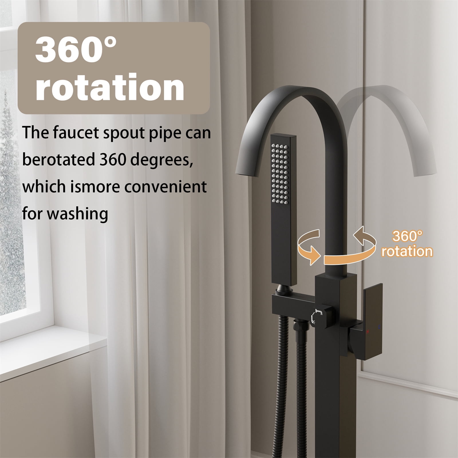 ANGELES HOME Free Standing Bathtub Faucet, Single Handle Floor Mounted Tub Filler Faucet with Handshower, Matte Black
