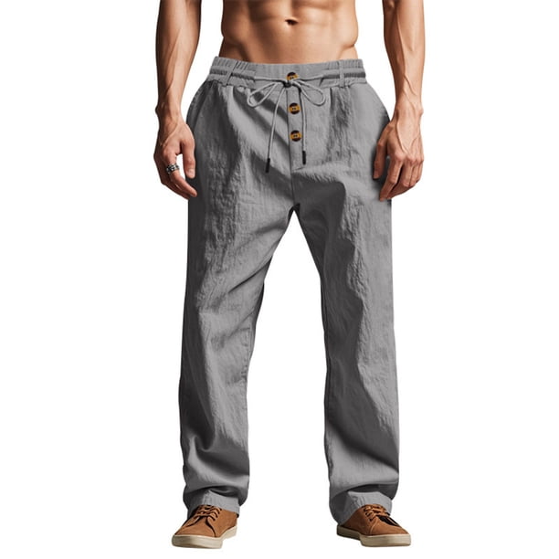 Pantalones largos para hombre, de lino, holgados, transpirables, de color liso, estilo playero, con botones