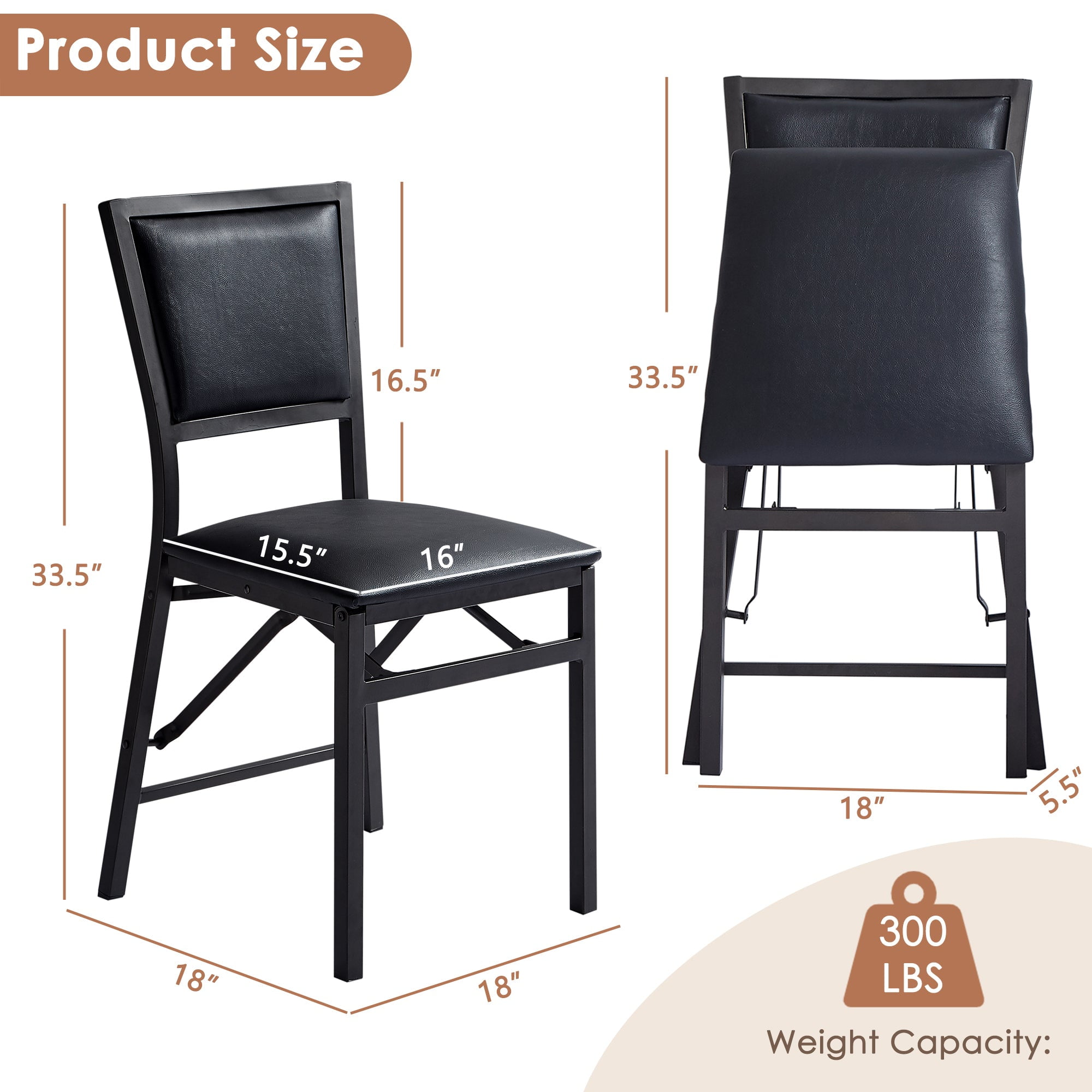 VECELO Set of 6 Metal Folding Chairs, High Back PU Upholstered Dining Chairs with Metal Frame, Modern Style Folding Chairs for Kitchen, Dining Room, Space Saving Design, Black
