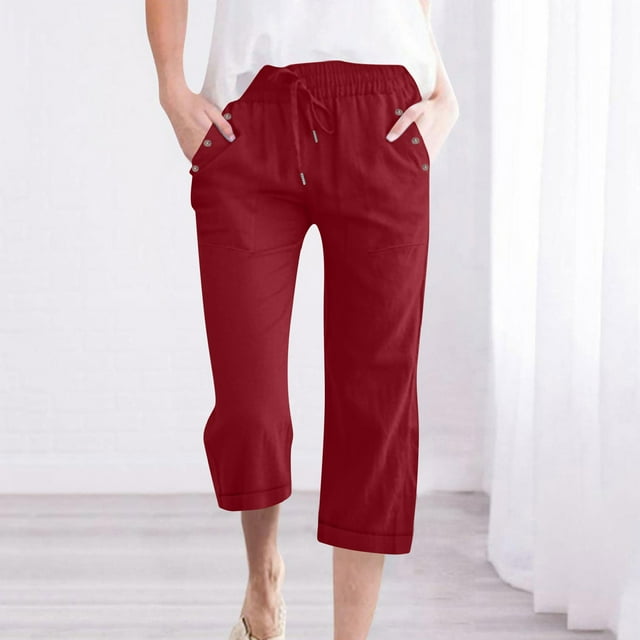 Loose Wide Leg Linen Trousers, Solid Color Cropped Hem, Drawstring Button Pocket, Casual Straight Roll-up Design, For Women, Everyday Wear, Summer Fashion, Breathable Fabric, Street Style, Travel