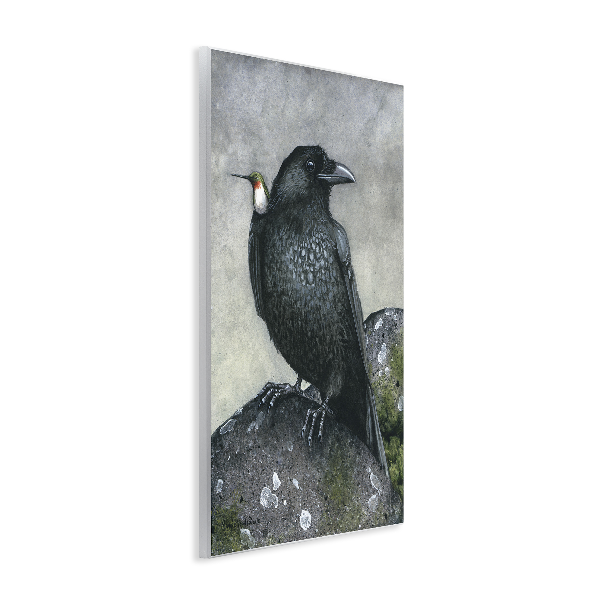 Stupell Industries Crow & Hummingbird Perched Animals & Insects Painting Unframed Art Print Wall Art, 13 x 19