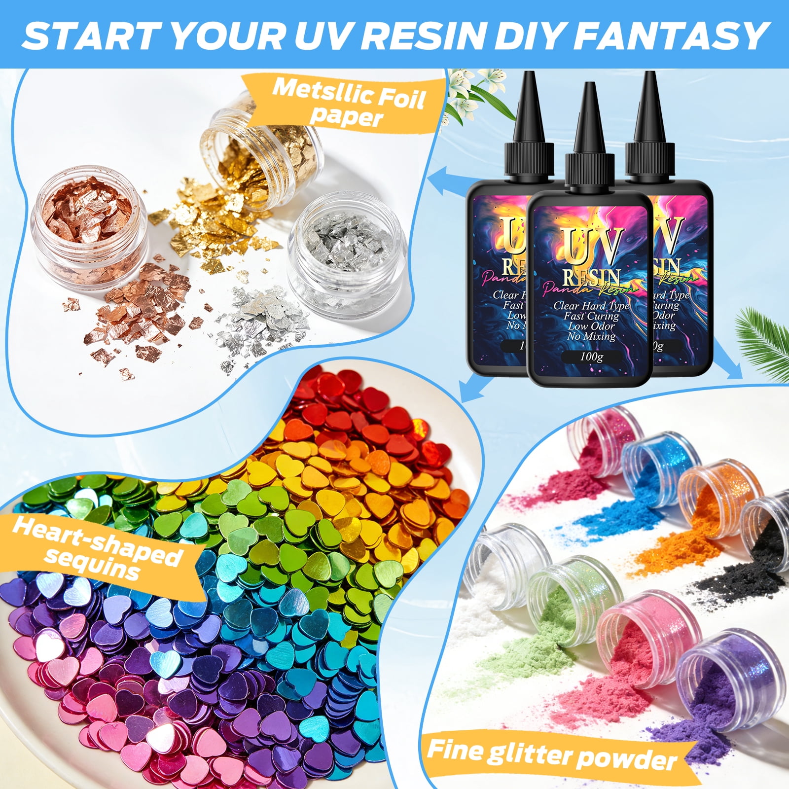 Panda Resin 300g UV Resin Kit with UV Light and Crafting Tools, Fast Curing Crystal Clear Low Odor for DIY Jewelry Making, Keychain
