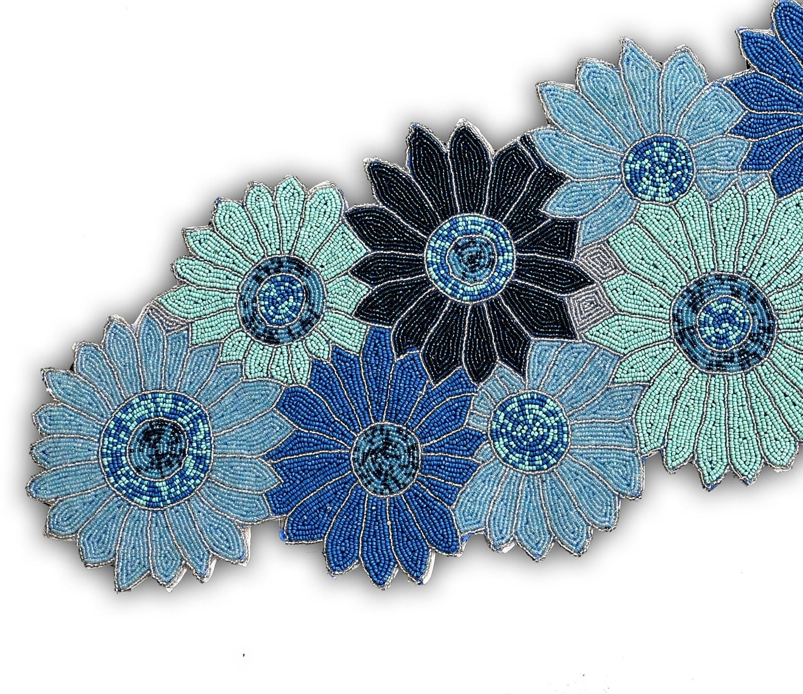 Handmade Beaded Table Runner, Blue Floral Table Runner, Spring Tableware 13X36 Inch