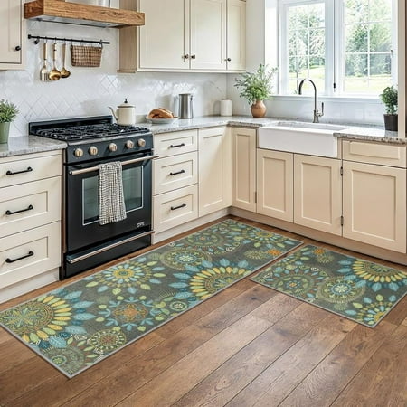 

Lightweight Kitchen Mats for Floor Thickness 0.16 inch Washable Kitchen Rugs Sets of 2 Floral Kitchen Runner Rugs Waterproof Vintage Carpet Rug for Hallway Laundry Sink Entryway Bathroom