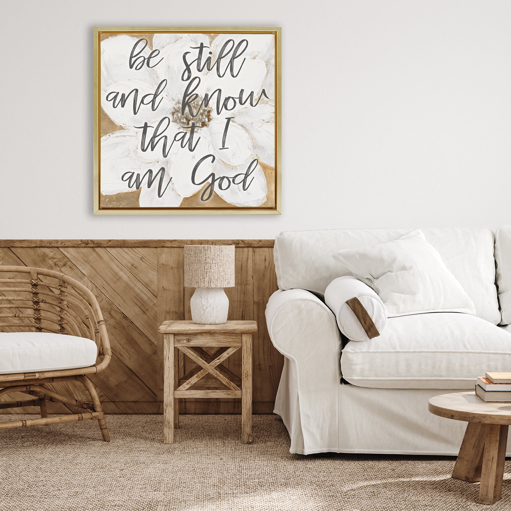 Stupell Industries Be Still Script with Flower Gold Framed Floater Canvas Wall Art, design by Lanie Loreth