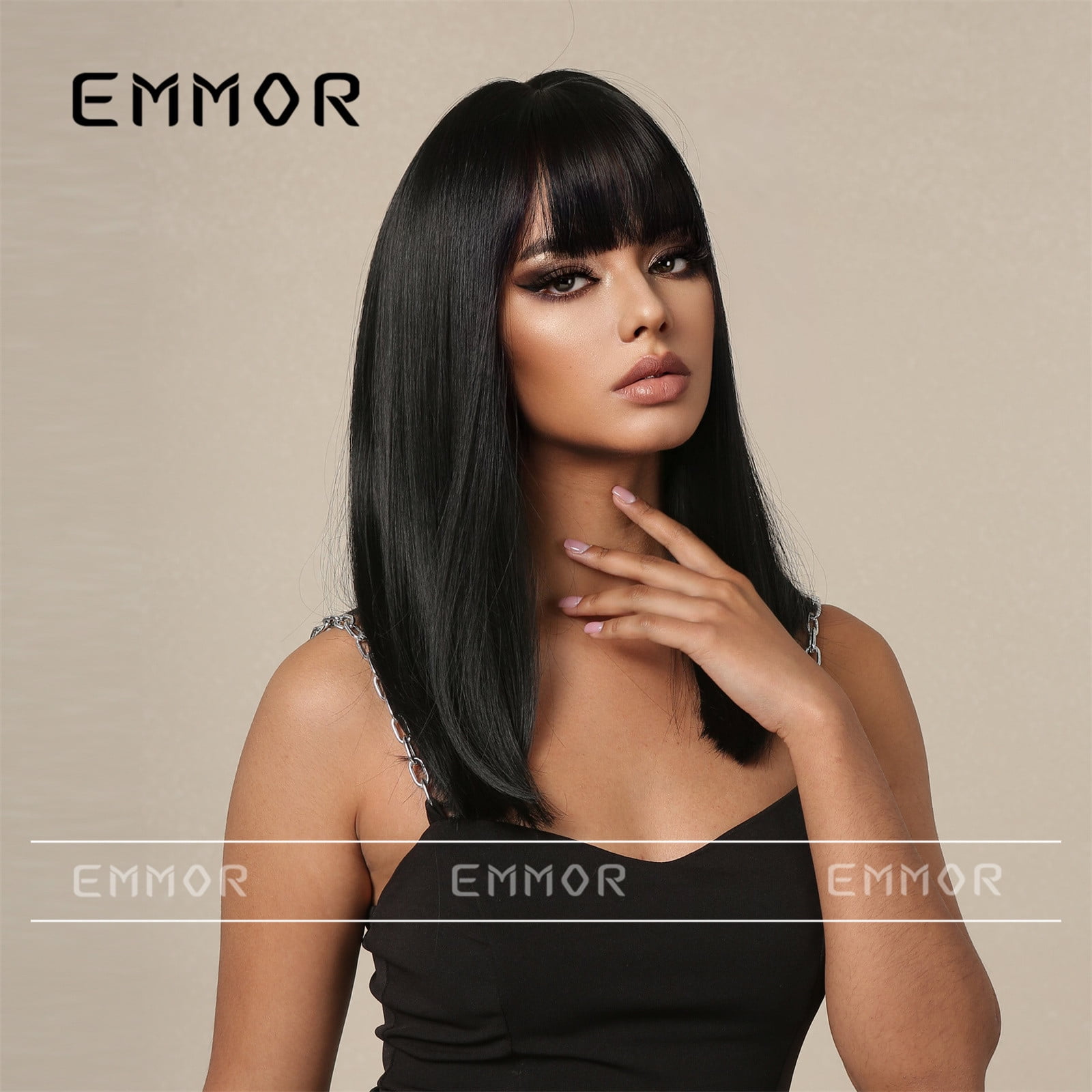 Women's Summer Long Hair Wig Natural Full Head Wig Medium Long Straight Hair Fashion Air Bangs Black European and American Style Women's Wig