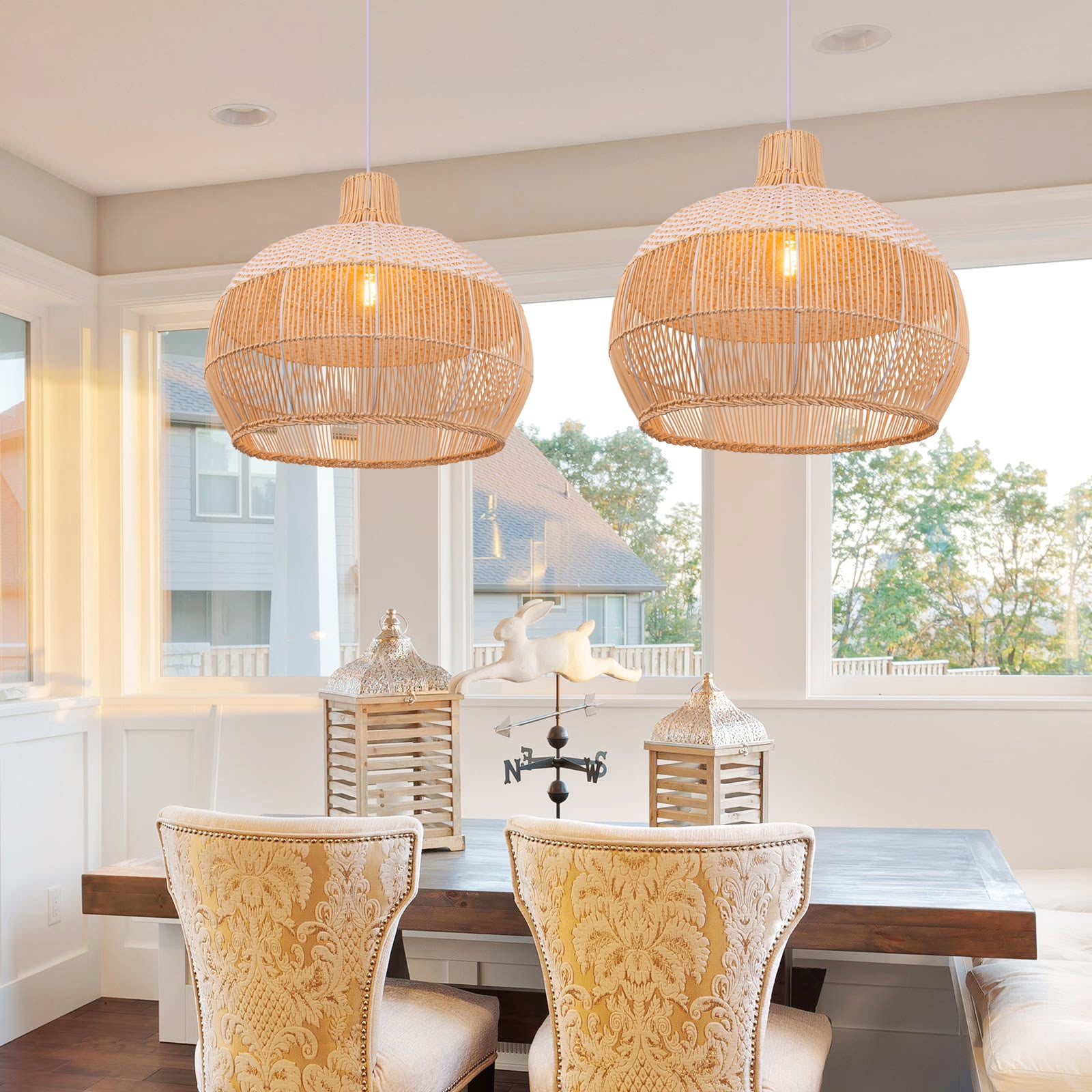 Arturesthome White Handwoven Rattan Boho Pendant Lighting Fixtures