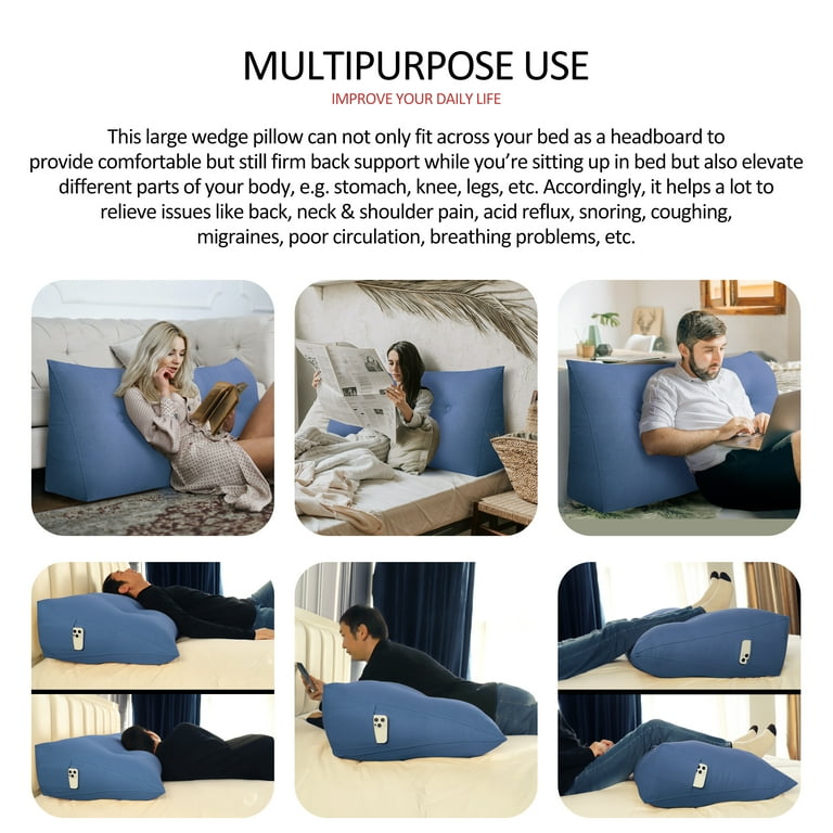 Johnear Large Headboard Reading Pillow Cotton Linen Daybed Cushion Backrest Bolster Pillow Triangular Wedge Support Positioning for Bed Sofa Rest blue Full Walmart