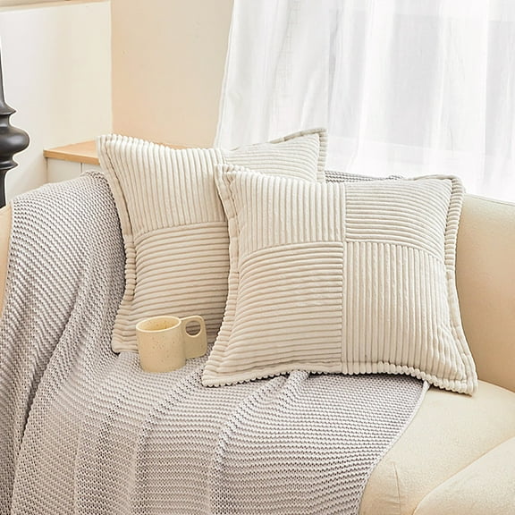 Throw Pillows for Couch, Yamaziot 18" x 18" Decorative Pillow Accent Cushion for Sofa Bed Living Room, Cream White Corduroy, 2 Pack