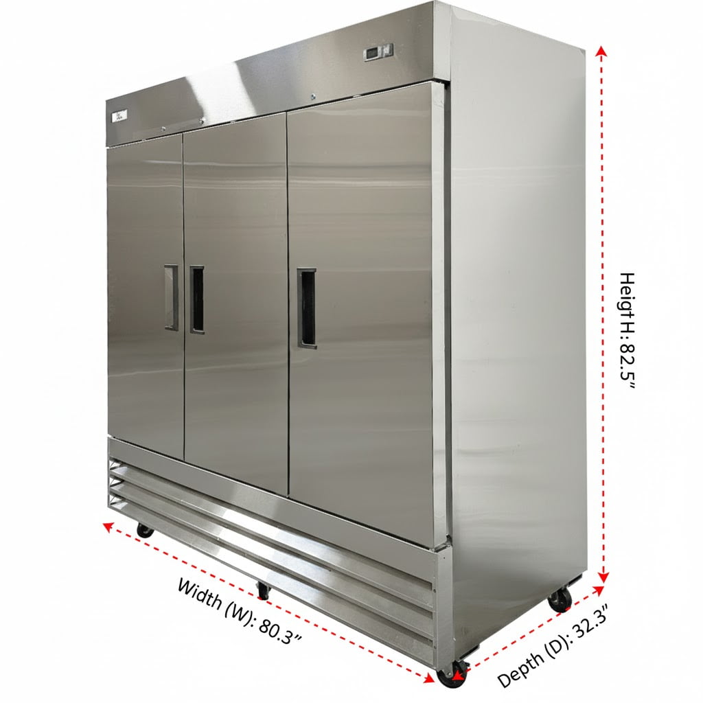 80" 3-Door Commercial Reach-In Refrigerator, 72 Cu.Ft Stainless Steel Cooler | Bottom Mount Compressor | R290 Refrigerant | Digital Temperature Control | NSF Certified