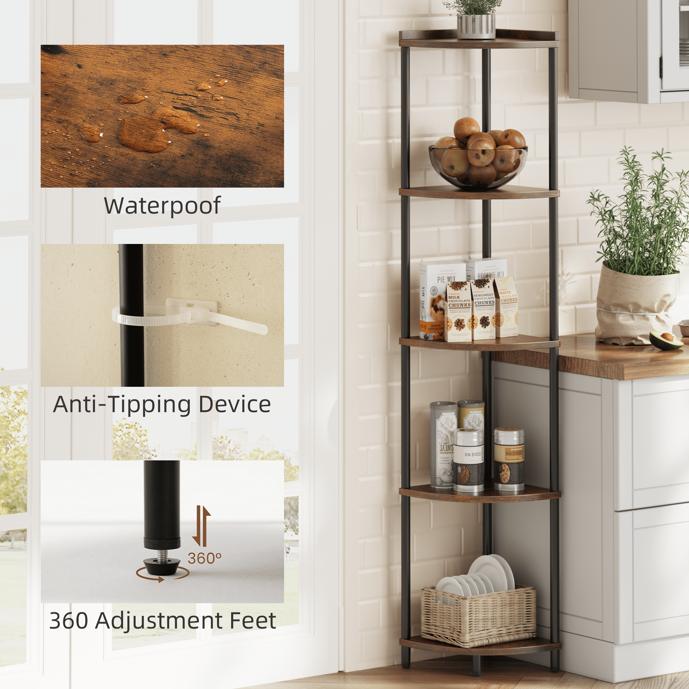 Corner Shelf Bookcase with LED Light, 5-Tier Corner Bookshelf Corner Shelf Stand for Bedroom,Living Room,Berry Brown