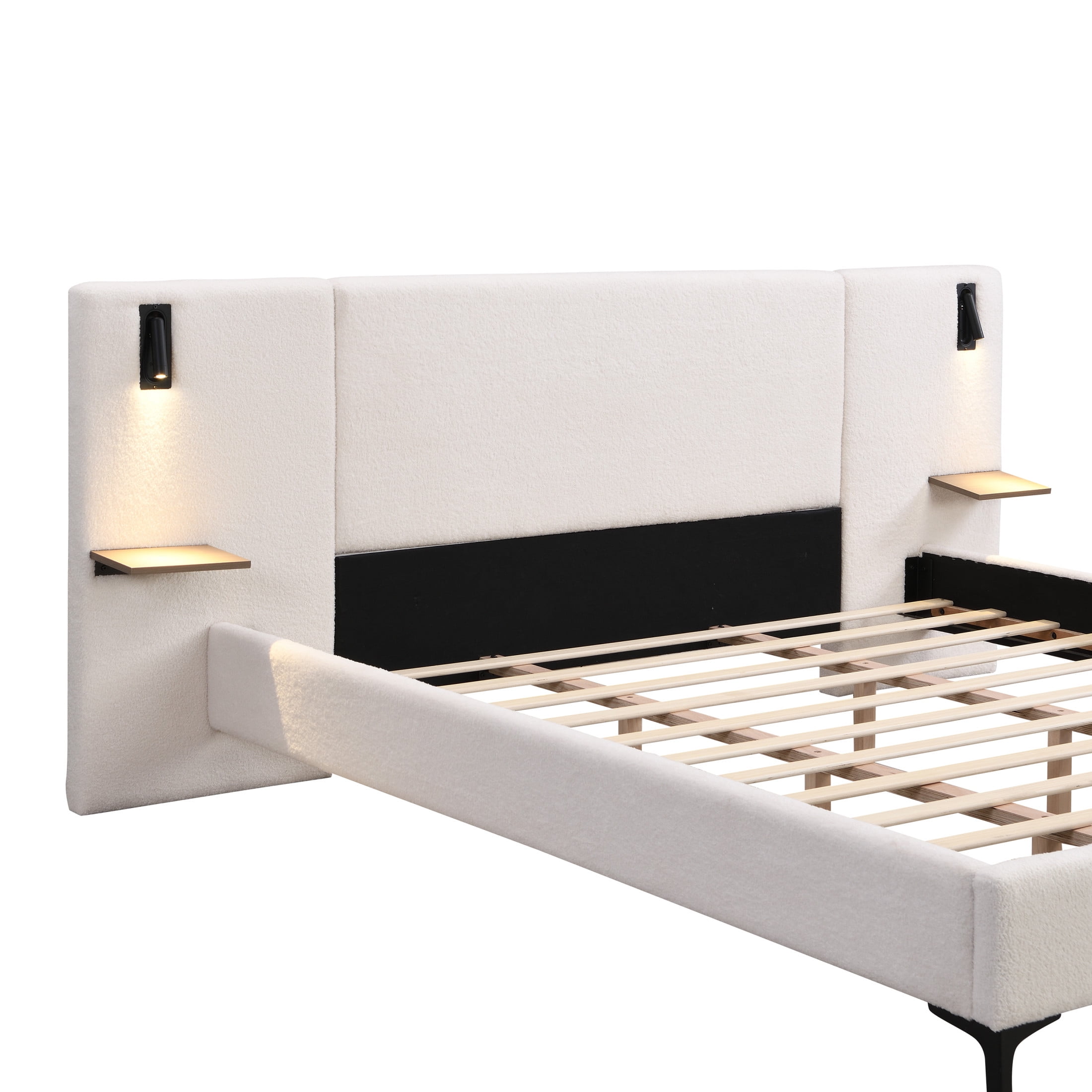 Christopher Knight Home Boucle Upholstered King Platform Bed with Reading Lights and Headboard Shelves, White