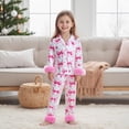 thumbnail image 2 of YunPes Toddler Girls Satin Outfits Bow & Heart Print Button Down Shirts Pants 2PC Sets Fuzzy Trim Cuffs Valentines Matching Sets 2PC, 2 of 7