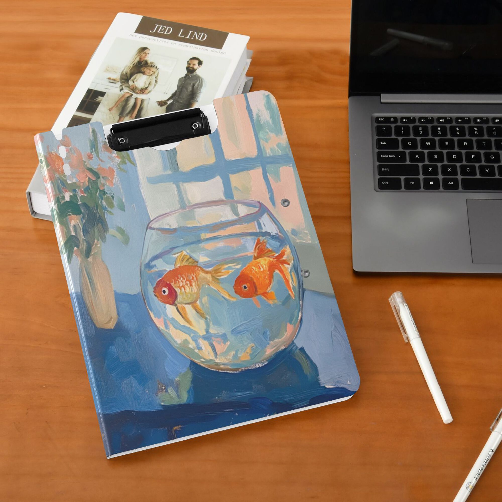 FORMRS A4 Clipboard Folder with Pen Holder Horizontal Foldable School Office Binder, Blue Goldfish