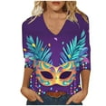 thumbnail image 3 of DDAPJ pyju Mardi Gras Womens Tops 3/4 Sleeve Crewneck Carnival Shirts Casual Holiday Party Mask Print Parade Tops Three Guarter Length T Shirt Spring Pullover Multicolor S, 3 of 5