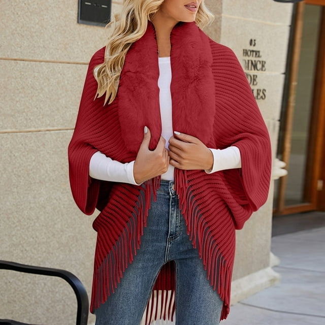 LOVZFMLL Cardigan pour Femmes Cape Tricotée avec Col Frange Châle