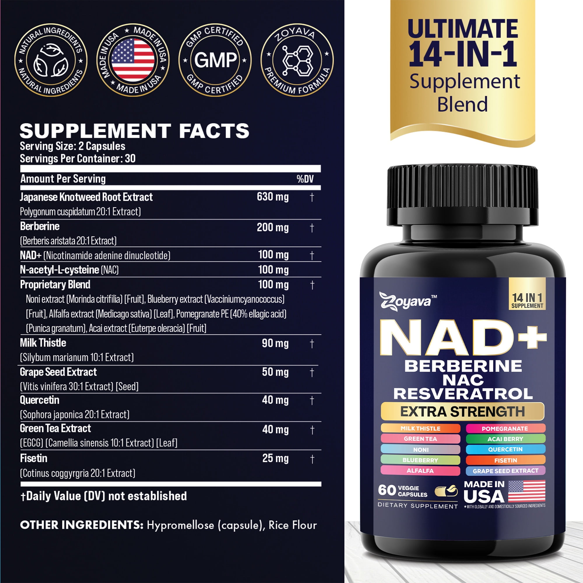 Zoyava NAD+ Supplement Blend with Berberine, Resveratrol, Milk Thistle, Green Tea, 14-in-1 Formula, 60 Capsules