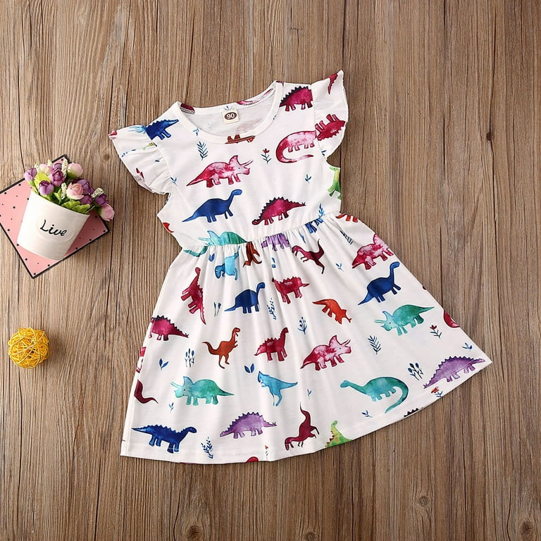 Multitrust Baby Girl Cute Dinosaur Pattern Printed Summer Dress Lotus Leaf A line Dress