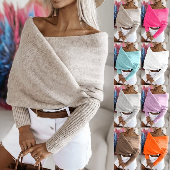 Wiyuqeen Women's Wrap V Neck Cropped Sweaters Shawl Fall Long Sleeve Cross Front Off Shoulder Solid Knitted Pullover Tops