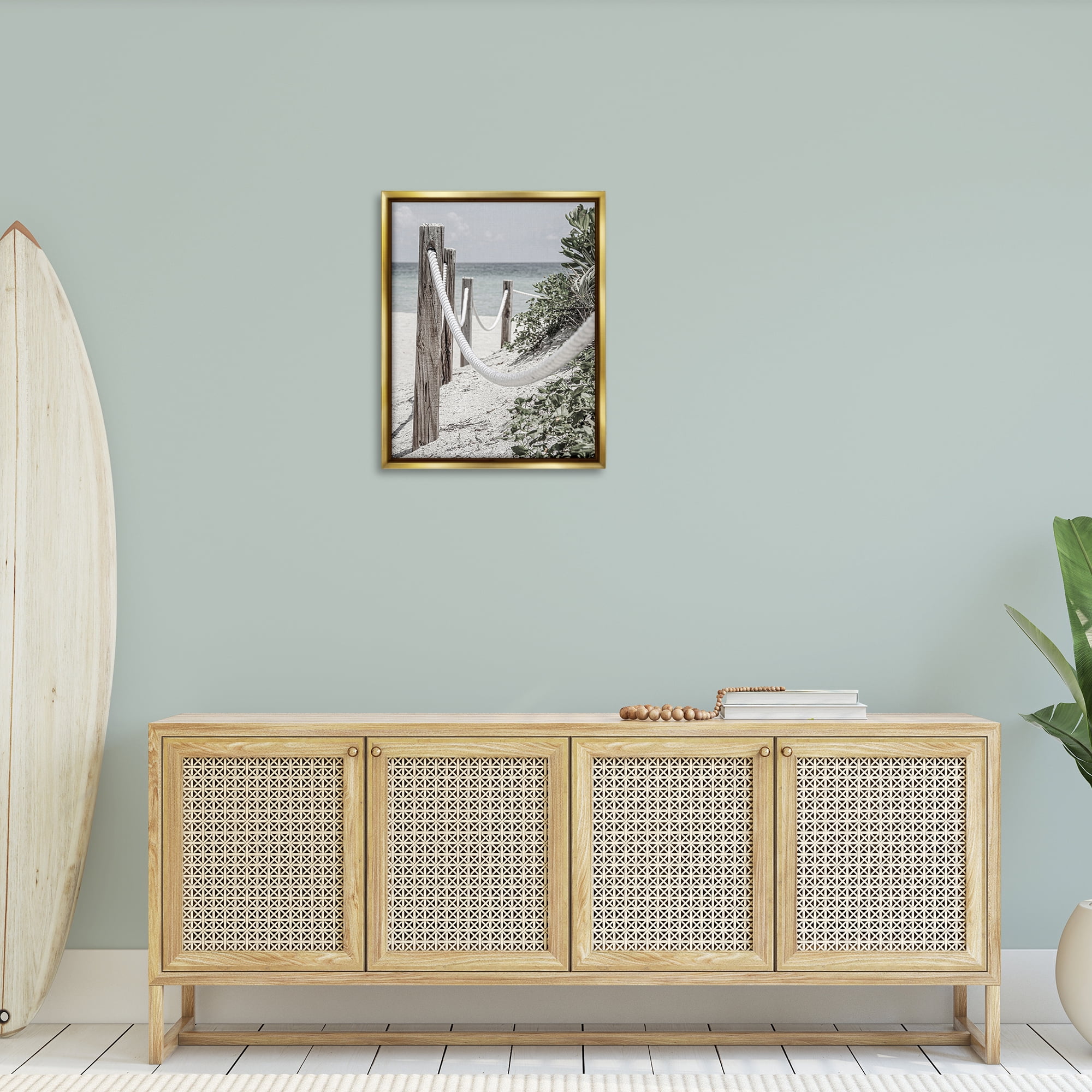 Stupell Industries Rope Fence Beach Landscape Photography Gold Floater Framed Canvas Art Print Wall Art, 25 x 31