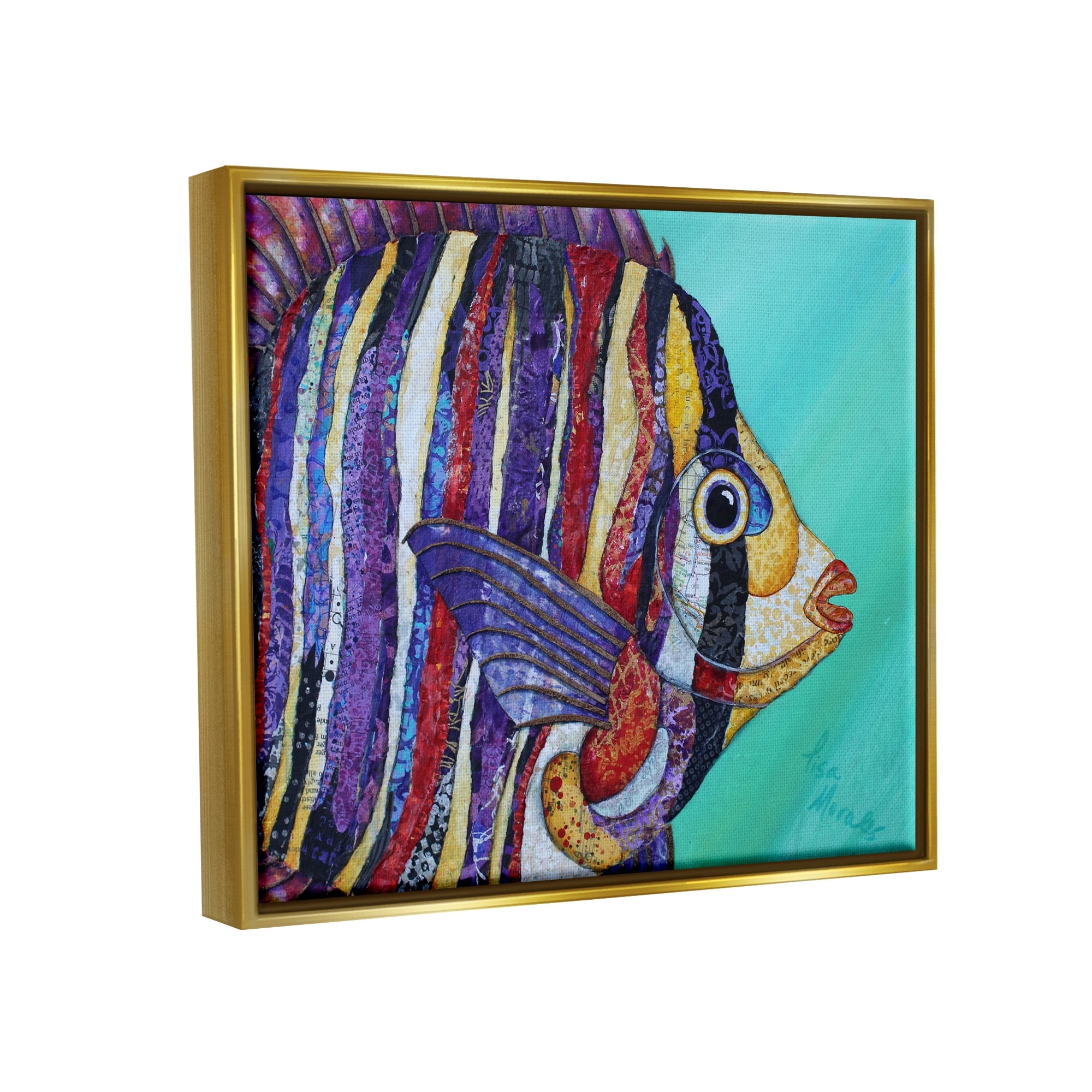 Stupell Industries Broad Fin Varied Layered Stripes Aquatic Fish Design Painting Metallic Gold Floating Framed Canvas Print Wall Art, Design by Lisa Morales