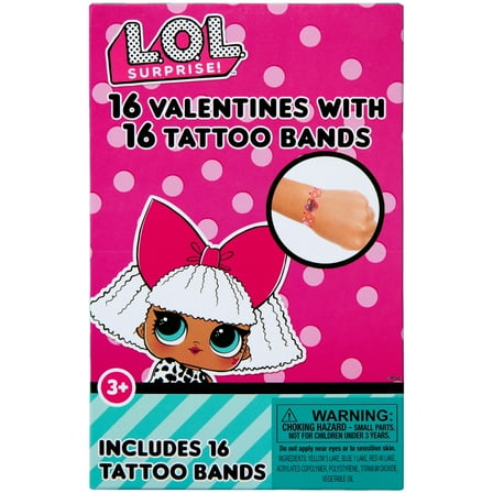LOL Dolls Valentine Exchange Cards, Temporary Tattoo Bands, Paper, Multi-Color, 16 Count