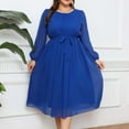thumbnail image 6 of Diufon Plus Size Womens Chiffon Dresses Solid Color Lace-Up Waist Dress Round Neck Puff Long Sleeve Dress, 6 of 7