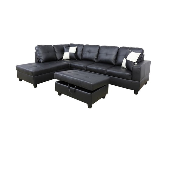 Faux Leather Left Facing Sectional Sofa With Ottoman, Living Room Storage Sectional Futon, Black