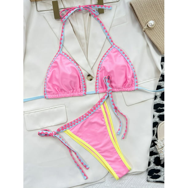 2022 New Women's Sexy Push Up Bikinis Set Patchwork Halter Lace-up Swimsuits  Backless Bandage Brazilian Bathing Suits Swimwear 
