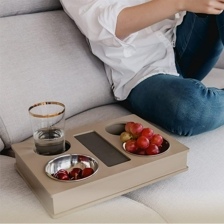 Sofa, Couch, Bed, TV and Lap Serving Tray Table for Eating with EVA Base, 2  Stainless Steel Bowls and 2 Cup Holders. Remote Control Holder. Arm Rest