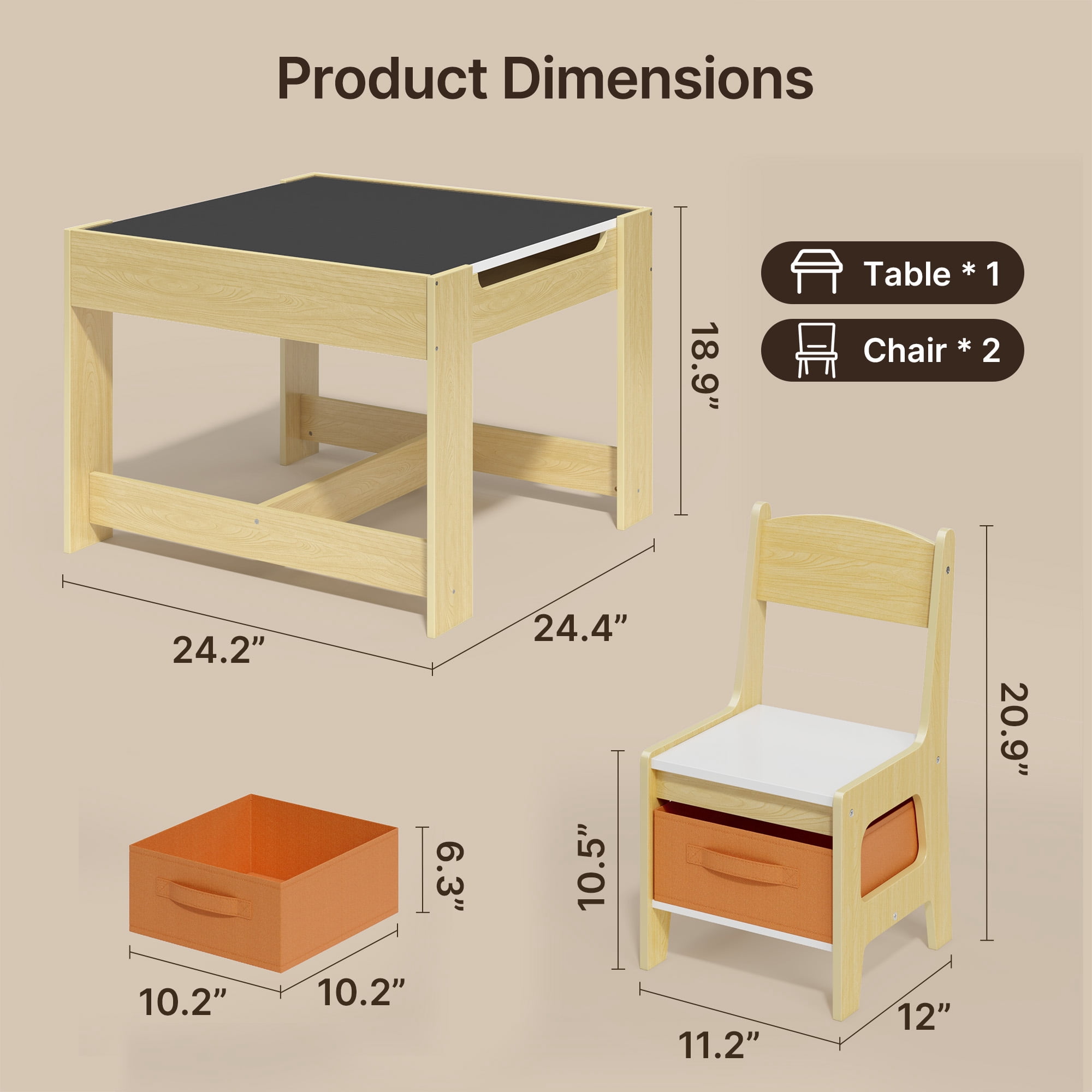 Kids Table and Chairs, Noelse Toddler Table with Storage, 3 in 1 Kids Craft Dinner Table Set for Eating, Drawing and Reading in Kids Playroom, Natural