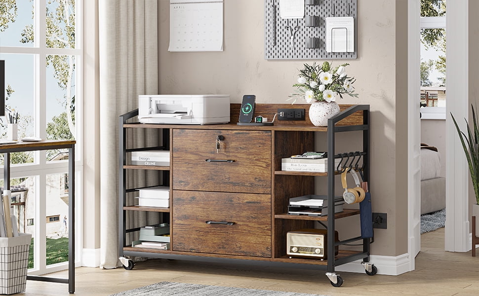 44" File Cabinet, Filing Cabinet fits Legal/Letter Size, 2 Drawer File Cabinets for Home Office with Lock, Power Strip, 6 Storage Shelves, Rustic Brown