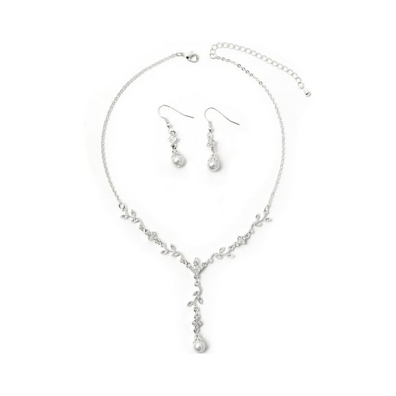 Silver Crystal Rhinestone Small V Flower Branch Shape with Pearl Necklace & Matching Dangle Pearl Hook Earrings Jewelry Set