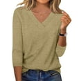 thumbnail image 2 of UVEASISHA Womens 3/4 Sleeve Shirt Solid Color V Neck Casual T Shirts Loose Comfy Spring Summer Fall Basic Tees L, 2 of 8