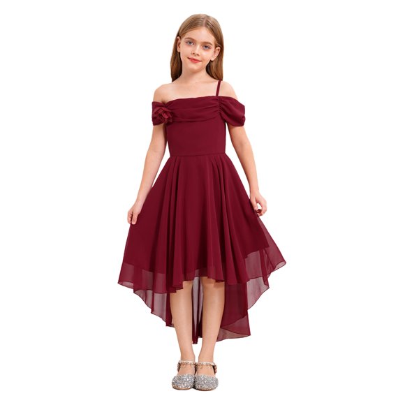 Rswnyirn Kids Girls 3D Applique Wedding Birthday Party Dress Spaghetti Strap Irregular Hem Junior Bridesmaid Dresses Burgundy 8