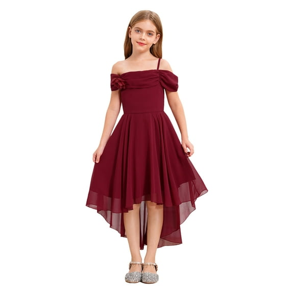 Yartina Girls 3D Applique Bridesmaid Dress Off Shoulder Irregular Hem Wedding Birthday Formal Dress Burgundy 16