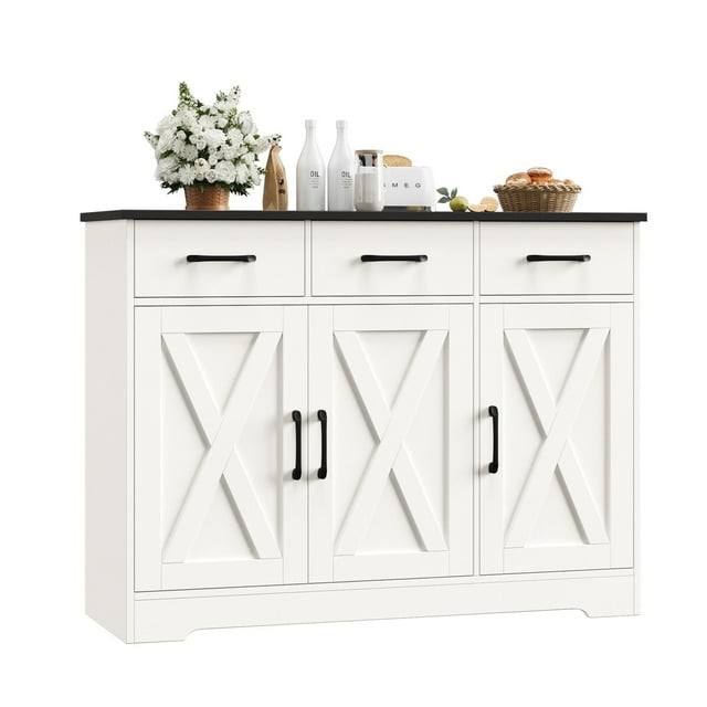 Homfa Buffet de Cuisine Style Ferme de 42,5 Po L, Armoire de Rangement à 3 Tiroirs avec Tablette Ajustable, Noir Blanc