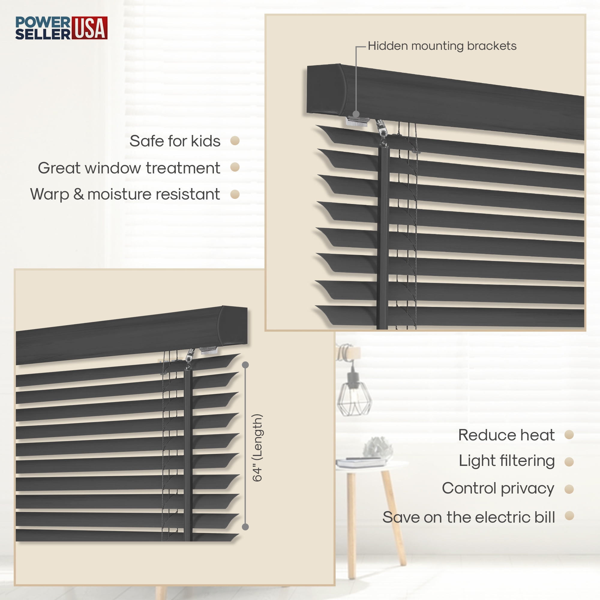 PowerSellerUSA 1" Slats Cordless Window Blinds, 48L x 34W Inches Solid Pattern Light Filtering Vinyl Indoor-Outside Ceiling Mount Mini Blind, Manual Cordless Rollup Window Privacy Blinds, Black