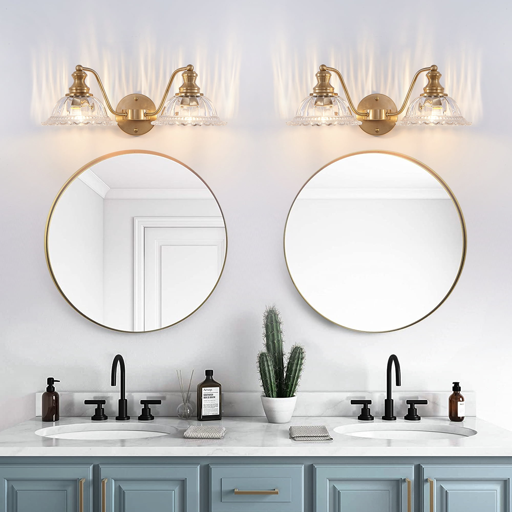 2-Light Bathroom Vanity Gold Light Fixtures, Farmhouse Vanity Lights for Bathroom with Flower Glass Shade Wall Lights 20in