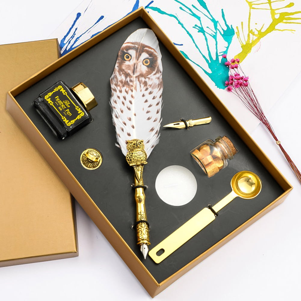 Dip Calligraphy Pen Set Owl Feather Pen Lacquer Stamp Writing Tools W/ Gift Box 