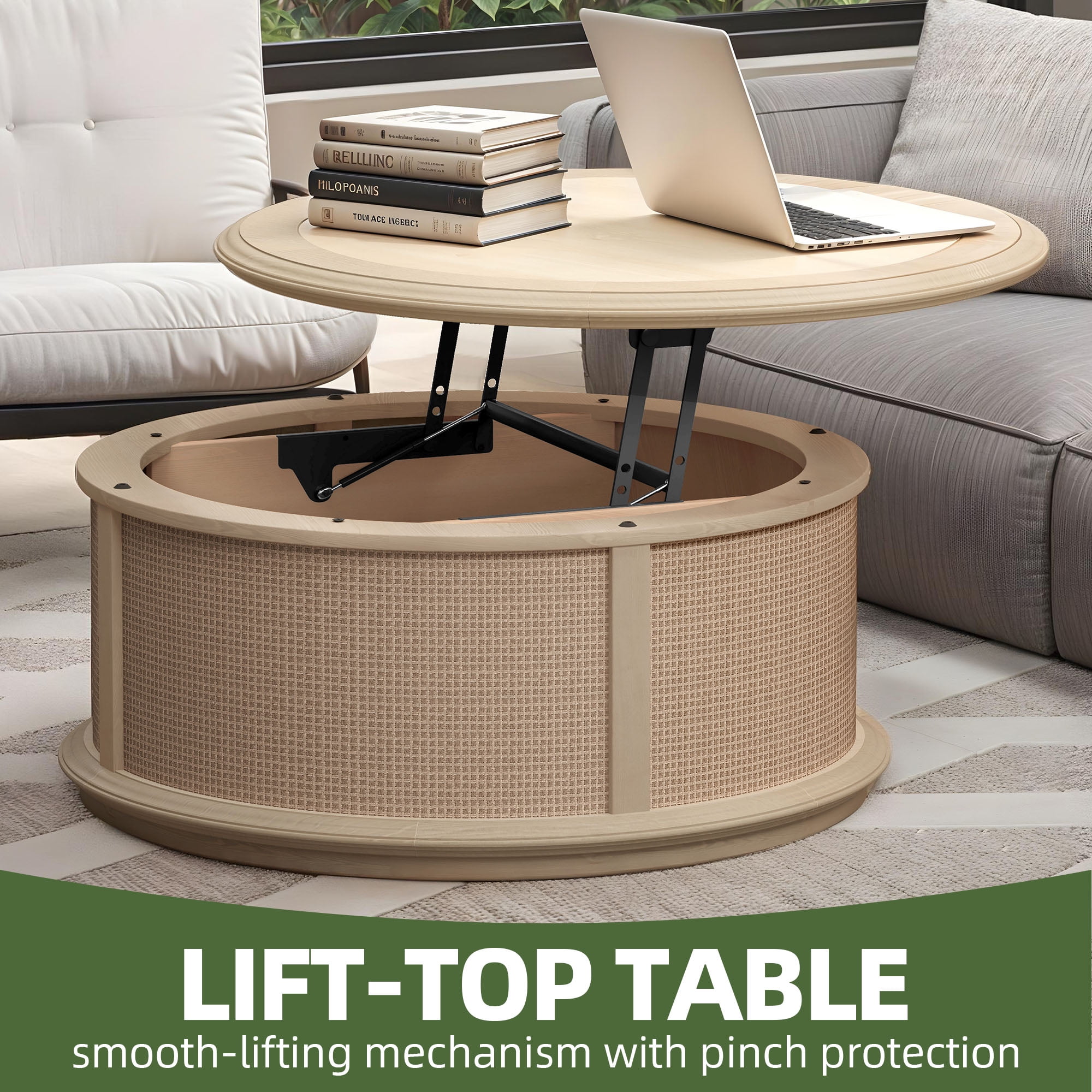 Uforic Round Rattan Drum Coffee Table with Lifting Top