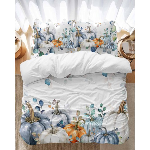 Fall Blue Pumpkin Bedding Duvet Cover Set Full Size 4 Pieces Watercolor Eucalyptus Leaves Thanksgiving Bedding Set with Zipper Closure, 1 Comforter Cover 86x86 Inches 1 Flat Sheet & 2 Pillow Cases