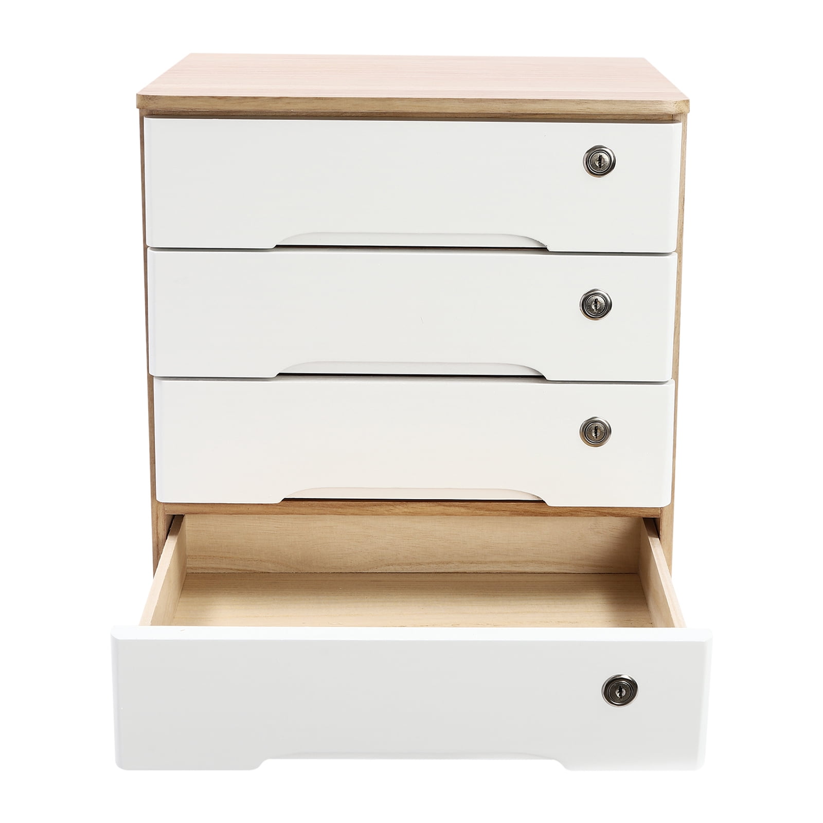 4 Tier Wooden Desktop Storage Box with Lockable Drawers, Office Supplies File Organizer, Art Storage Cabinets, Multipurpose Tool Box for Home Office(Wood Color + White)