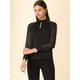 thumbnail image 3 of Blusa de satén transparente Allegra K con cuello de ojo de cerradura de manga larga para mujer Negro S, 3 of 6