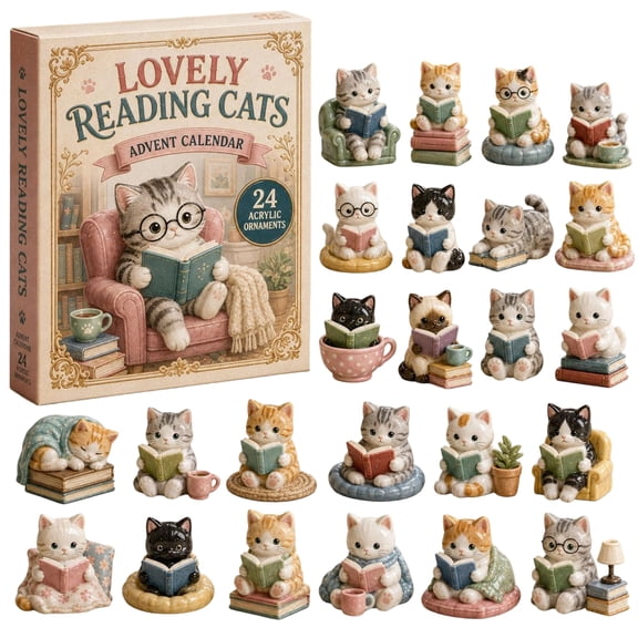 Lovely Reading Cats Advent Calendar, 24 Pieces Reading Cat Acrylic Ornaments, Holiday Countdown Surprise Box, Holiday Gift for Cat & Book Fans Kids Teens Adults