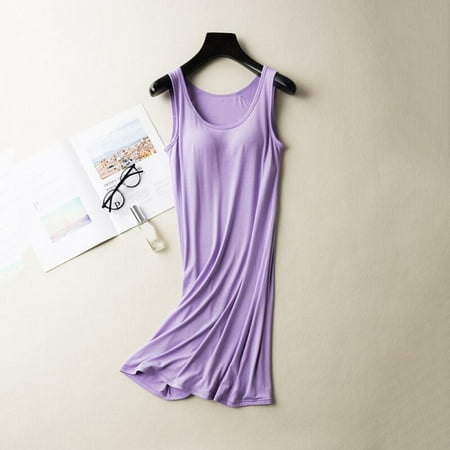 

Sonbest Women Sleeveless Vest Nightdress Comfort Chest Pad Built In Long Sleepwear Summer Autumn Loose Sleepshirt Hot Purple XXL