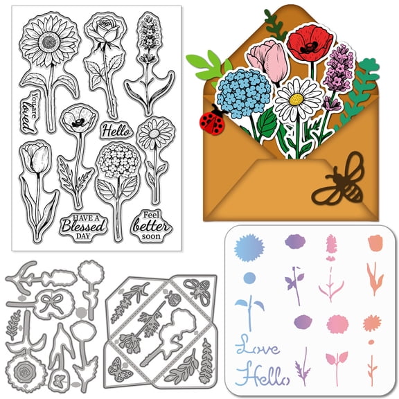 Envelope Flowers Clear Silicone Stamp Metal Floral Plants Cutting Die Cuts Roses Lavender Craft Stencils for Card Making Scrapbooking Craft Embossing