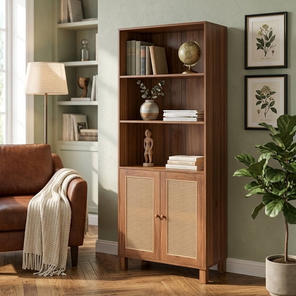Aukfa Tall Storage Cabinet with Rattan Doors, 5-Tier Wooden Bookcase, Farmhouse Multi-Purpose Cabinet for Living Room,Walnut