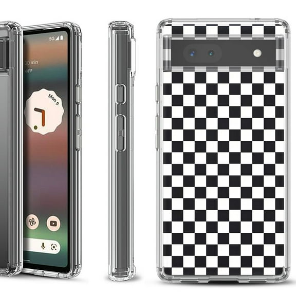 Shockproof Bumper Phone Case for Google Pixel 6a, by OneToughShield ® - Checker B/W